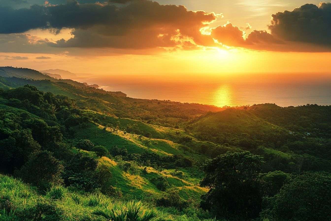 Image d'illustration. Collines verdoyantes au coucher de soleil