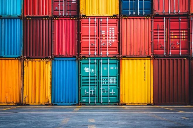 Cette image montre des conteneurs maritimes vides dans un port, un symbole fort des effets des sanctions sur le commerce mondial et la logistique.