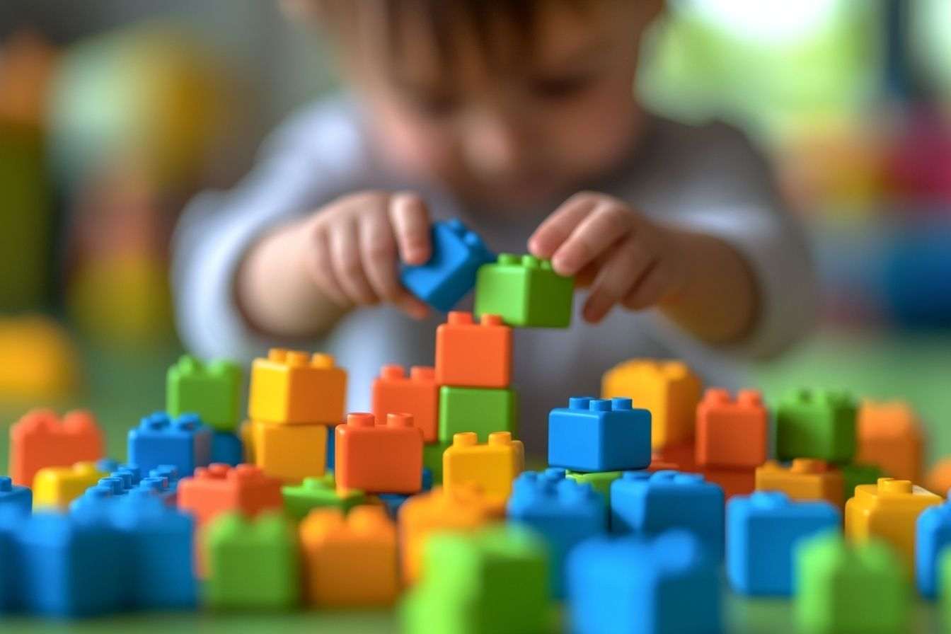 Gros plan de petites mains construisant avec des blocs colorés lors d'une journée ensoleillée à l'intérieur de la structure.