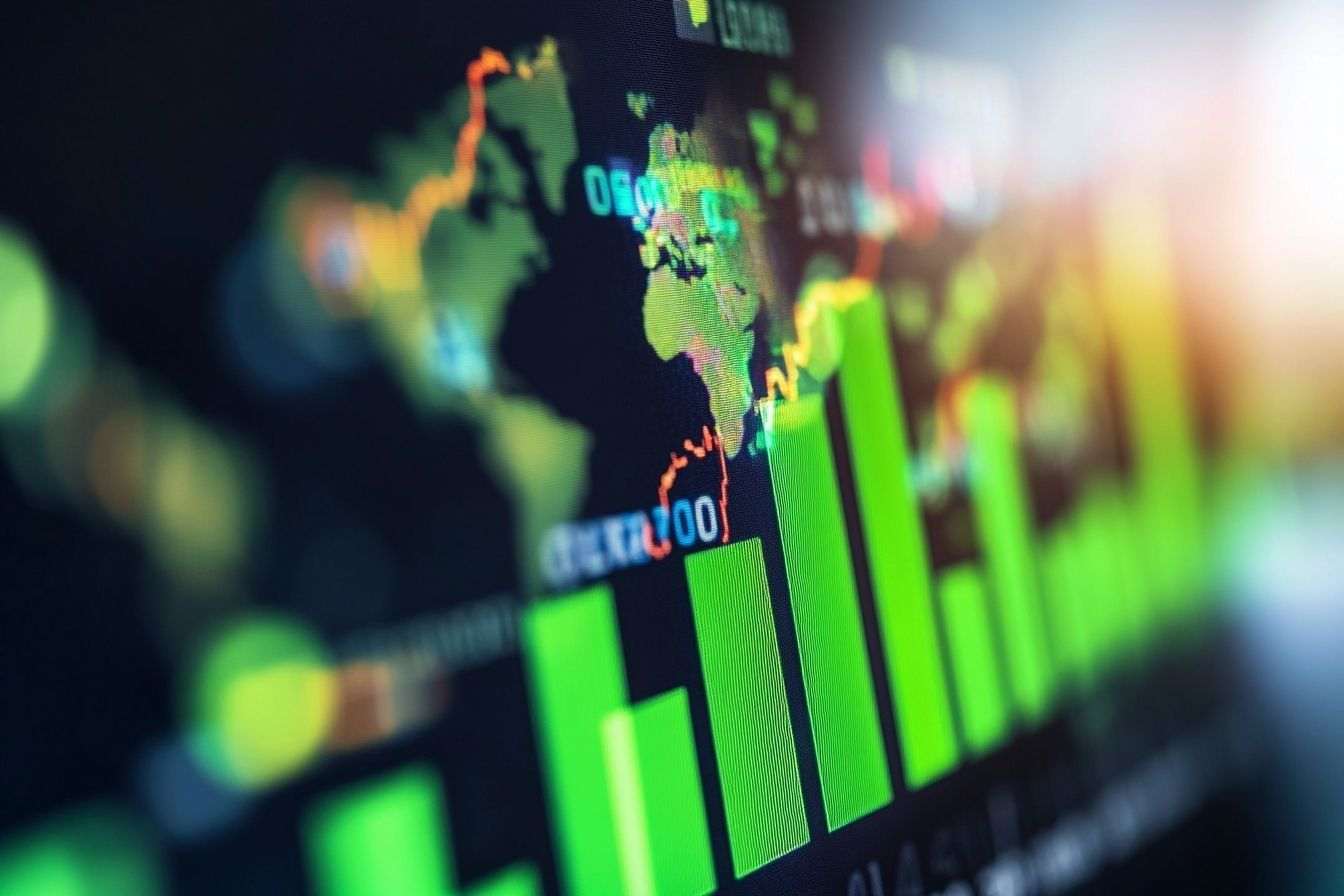 Ce graphique montre une progression constante avec des barres vertes sur fond de marchés mondiaux interconnectés.