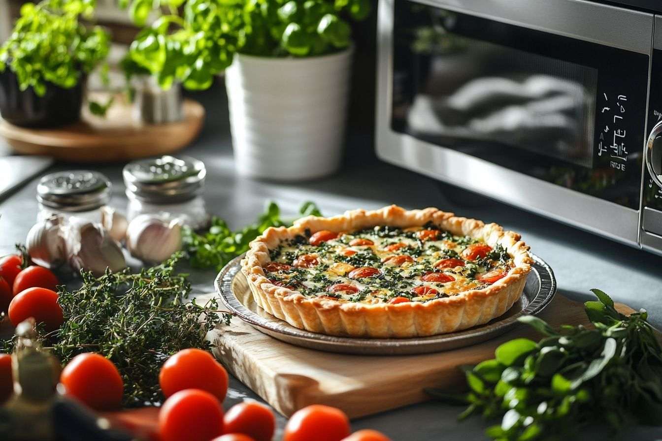Tarte à réchauffer au micro-ondes, entourée d'herbes fraîches.