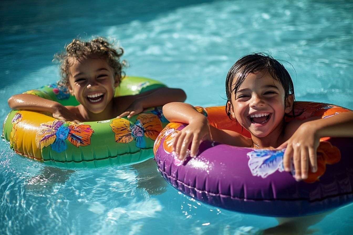 Image d'illustration. Enfants riant avec des jouets gonflables dans la piscine