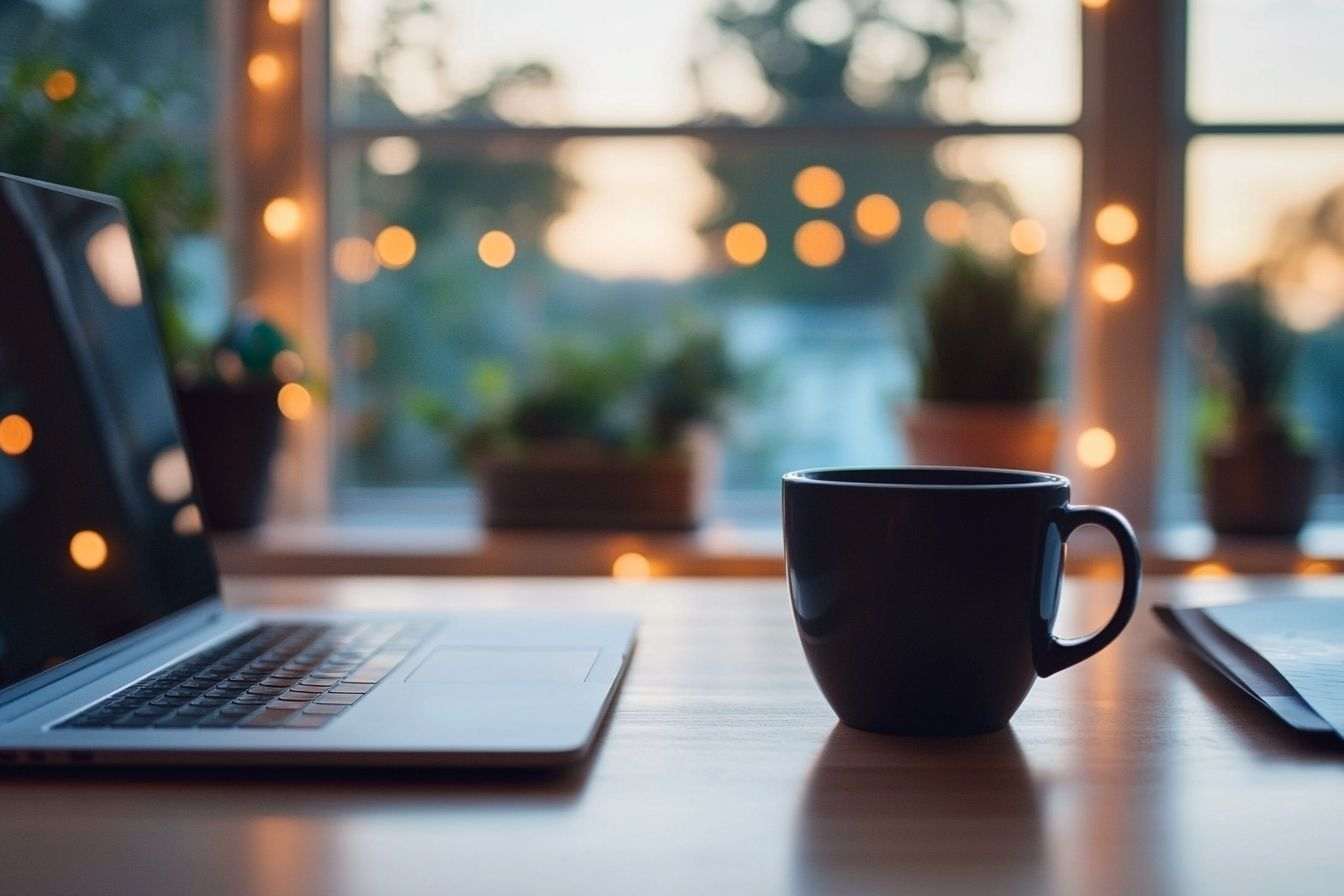 Image d'illustration. Espace de travail serein avec ordinateur portable et tasse de café