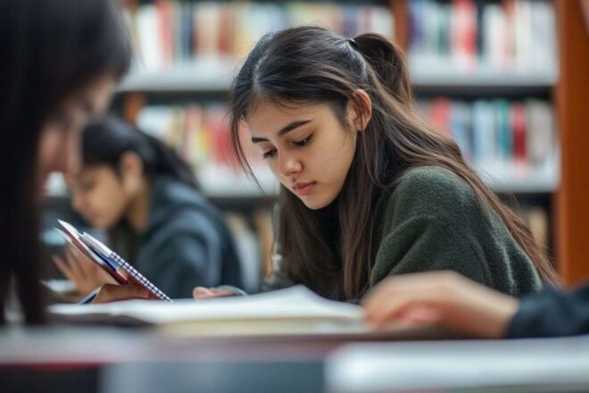 Image d'illustration. Étudiants réfléchis étudiant à la bibliothèque