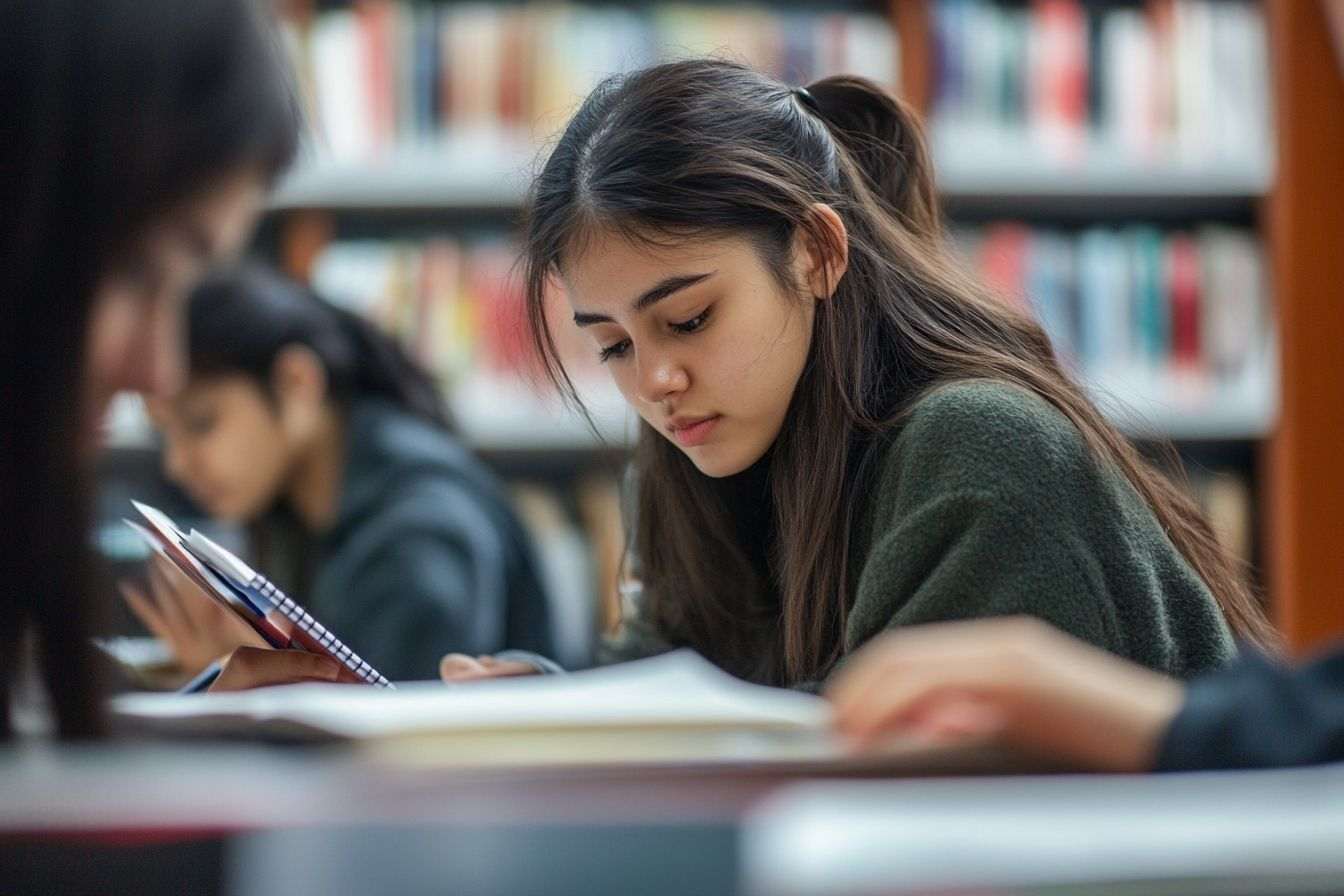 Image d'illustration. Étudiants réfléchis étudiant à la bibliothèque