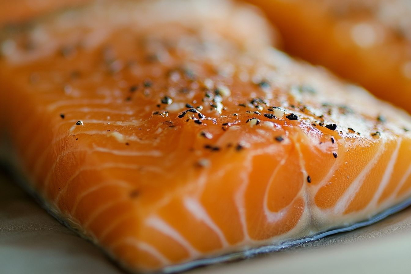 Image détaillée d'un filet de saumon frais, peau brillante et allure appétissante.