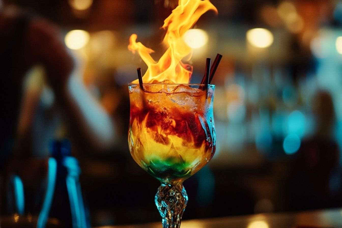Un angle dramatique capturant les flammes dansantes au-dessus d'un cocktail coloré, attirant l'attention des spectateurs.