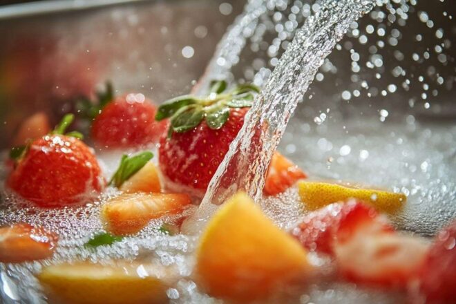 Une variété de fruits frais est minutieusement rincée sous un flux délicat d'eau pure, capturant la fraîcheur vibrante et la richesse naturelle.