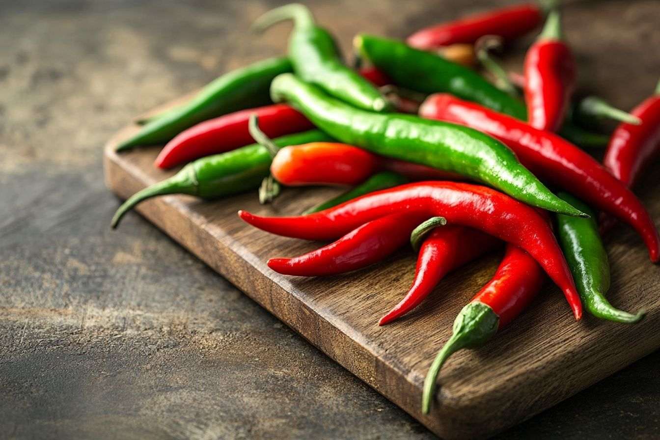 Image d'illustration. Gros plan de piments rouges et verts sur une planche
