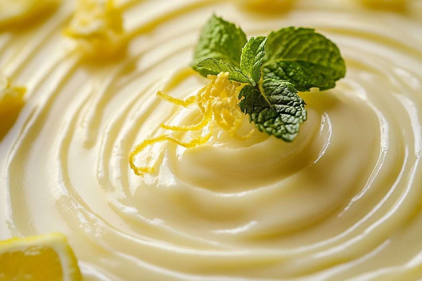 Un délicieux gros plan d'un posset crémeux au citron orné d'un tourbillon de zeste de citron et de feuilles de menthe.