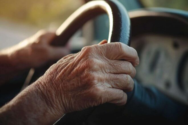 Image capturant les mains d'un senior serrant fermement le volant, symbolisant la détermination et la concentration sur la route.