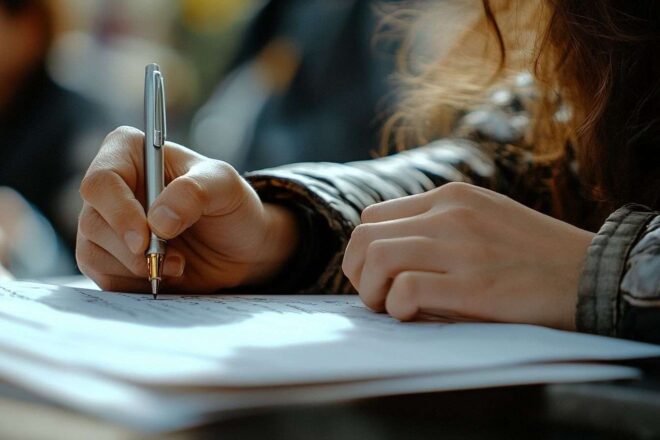 Image d'illustration. Gros plan des mains écrivant une pétition
