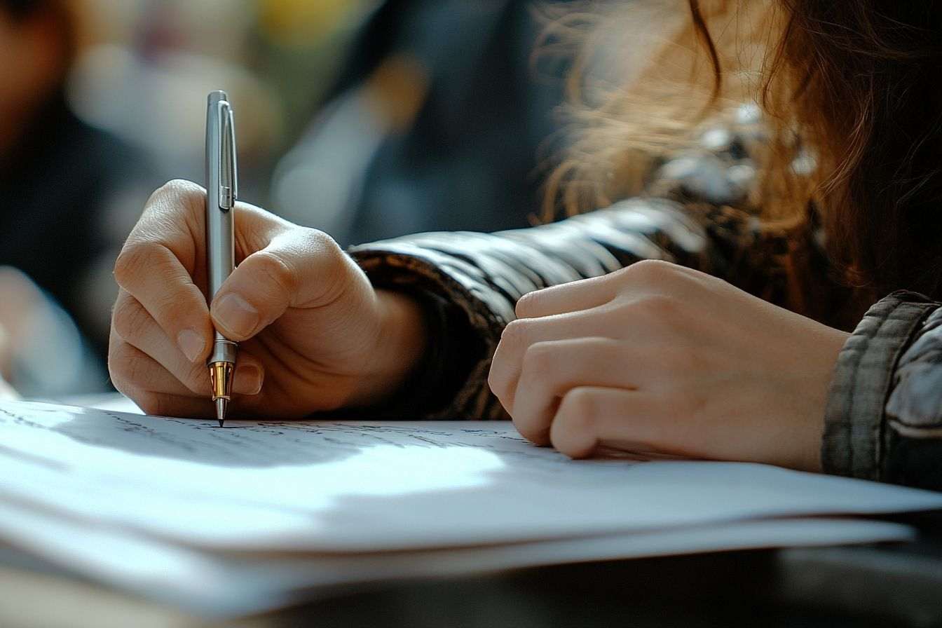 Image d'illustration. Gros plan des mains écrivant une pétition