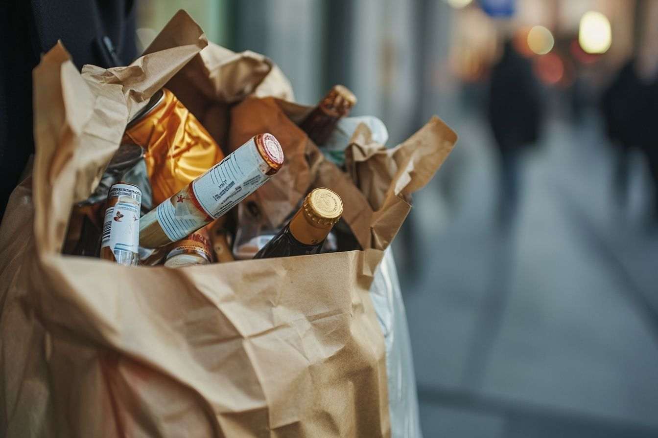 Image d'illustration. Gros plan d un sac de courses rempli d alcools et produits tabac