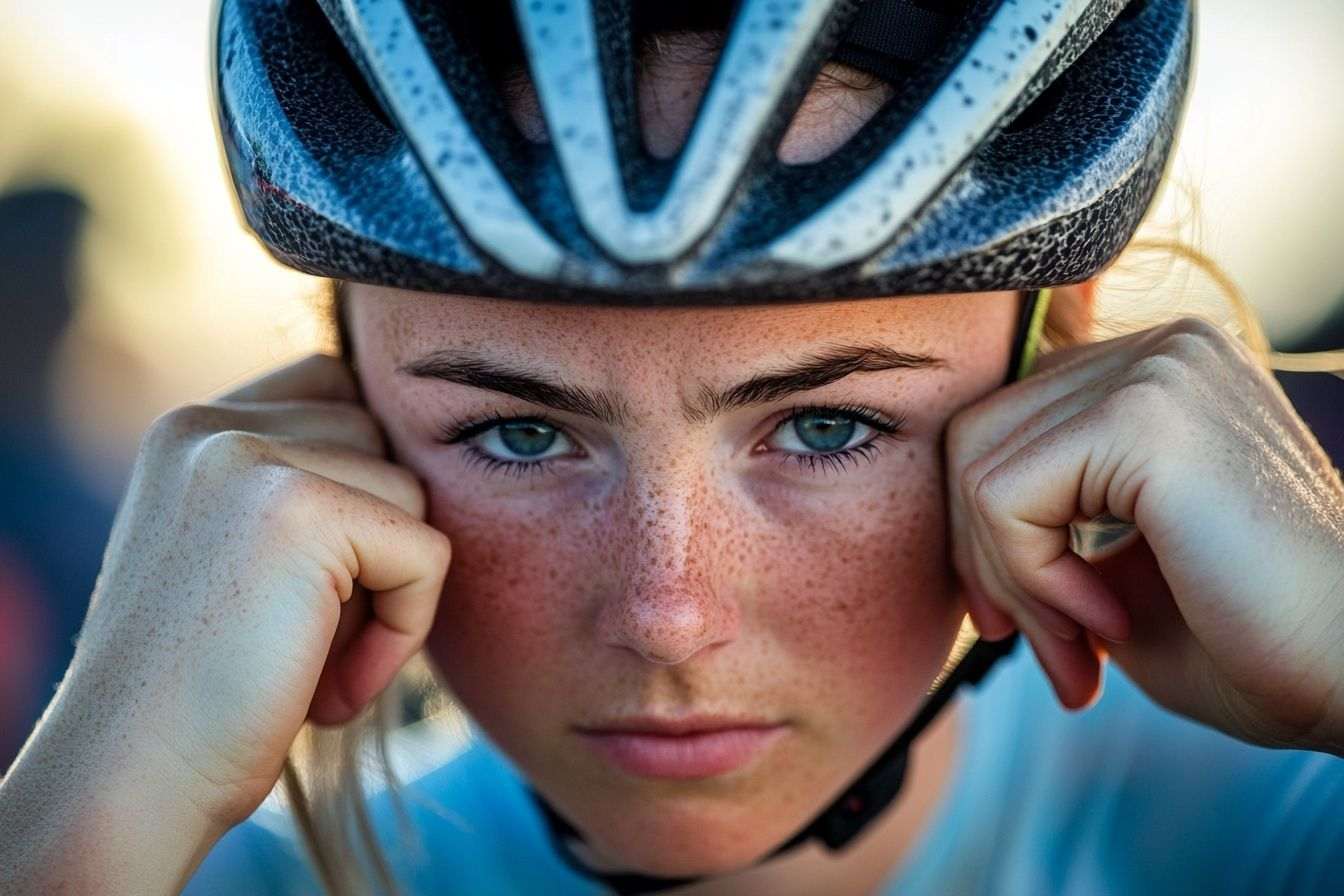 Événement sportif dynamique avec une cycliste professionnelle réglant son casque pour la compétition