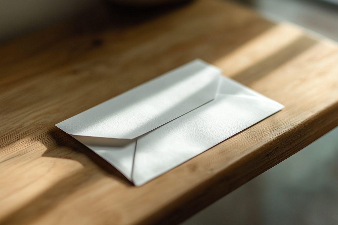 Gros plan sur une enveloppe blanche avec un billet qui dépasse, posée sur une table en bois.