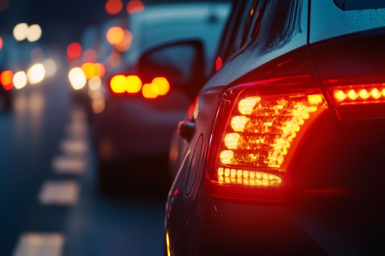 Vue rapprochée des feux arrière illuminant des voitures bloquées dans le trafic lourd.