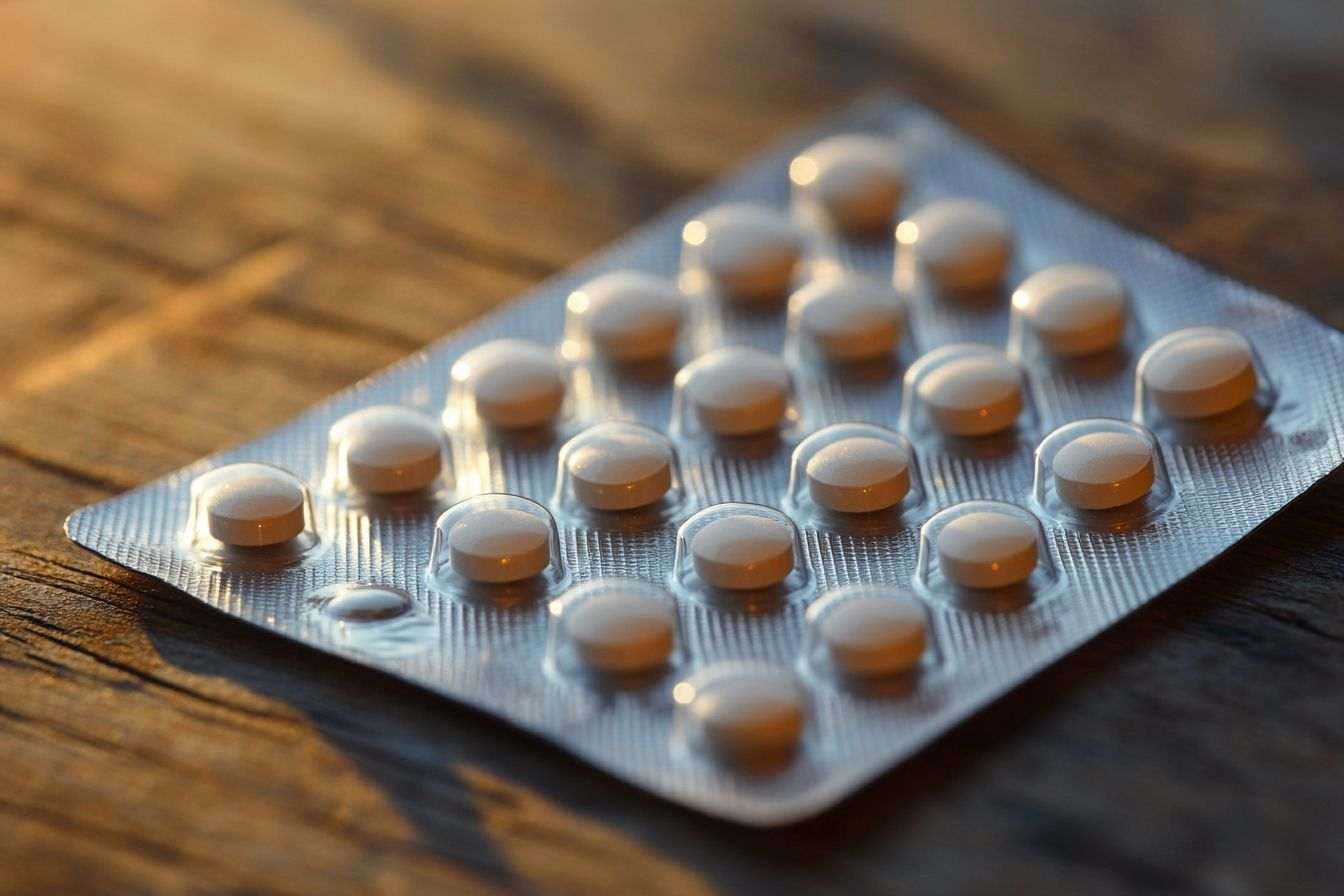 Gros plan d'un paquet de pilules contraceptives sur une table en bois avec une lumière naturelle douce l'illuminant.