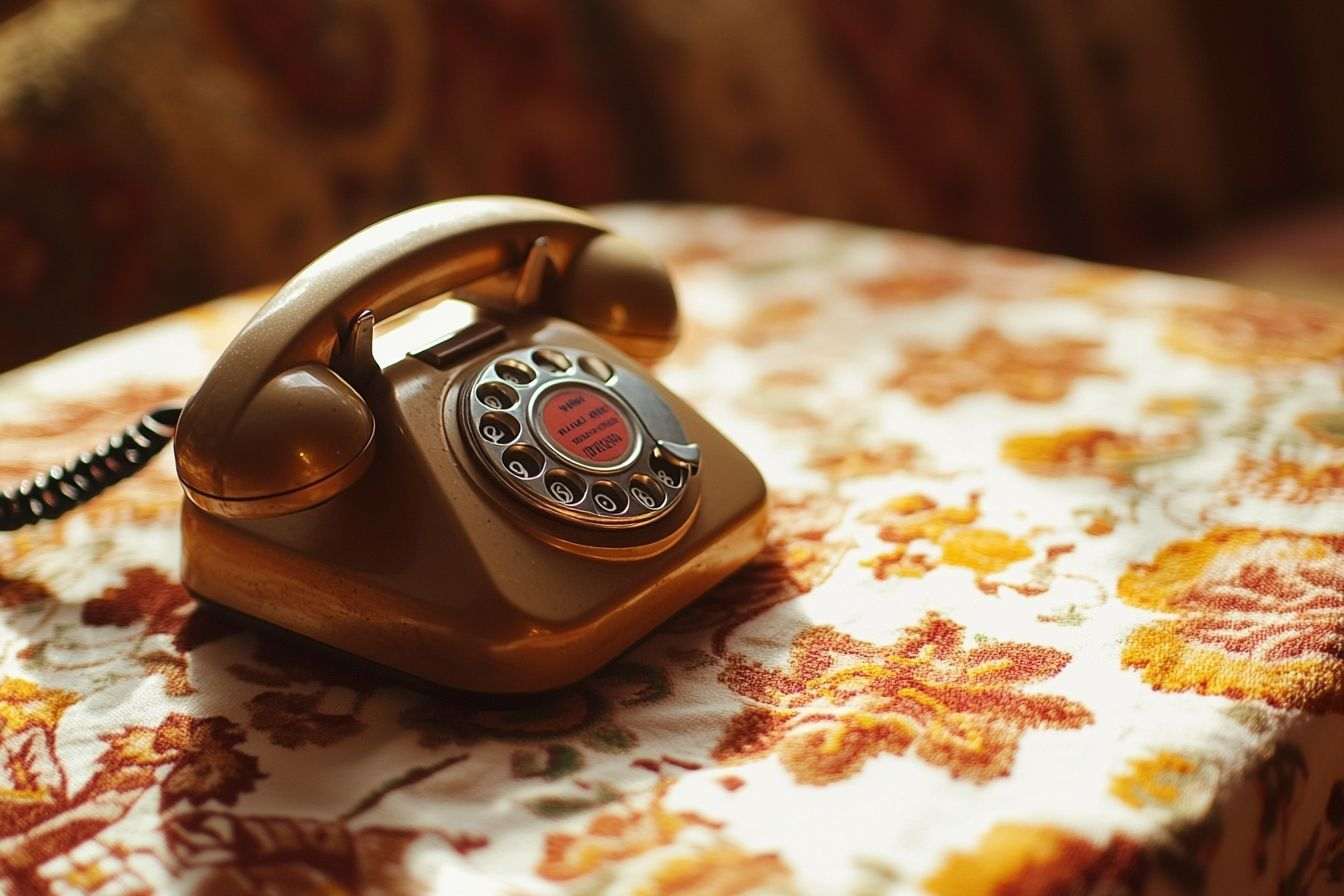 Gros plan d'un combiné téléphonique classique sur une nappe à motifs, évoquant une sensation de nostalgie.