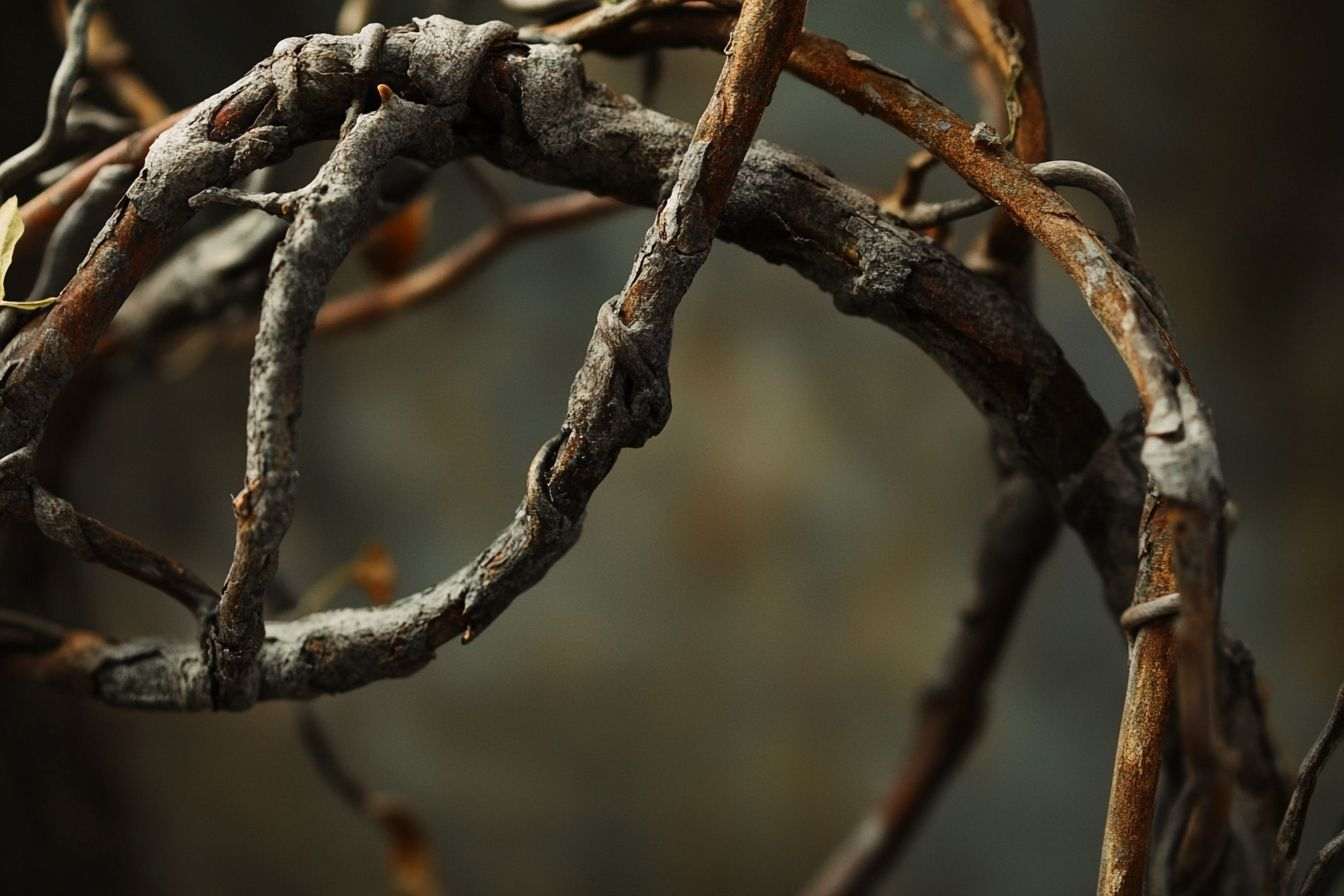 Image d'illustration. Gros plan texturé des vrilles de vigne autour du fil vieilli
