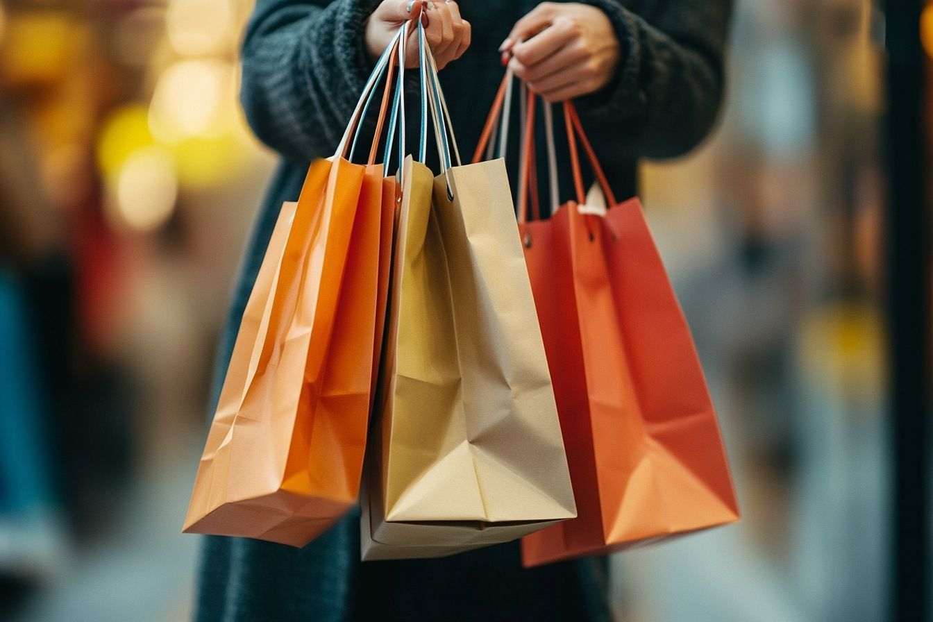 Image d'illustration. Gros plans des mains tenant des sacs de shopping
