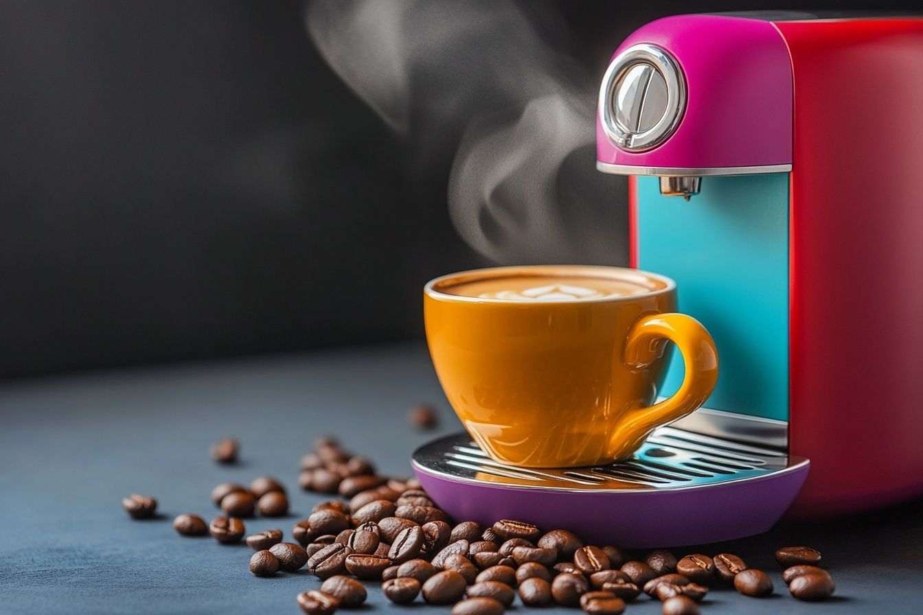 Image d'illustration. Machine à café colorée dans une cuisine moderne avec café fumant