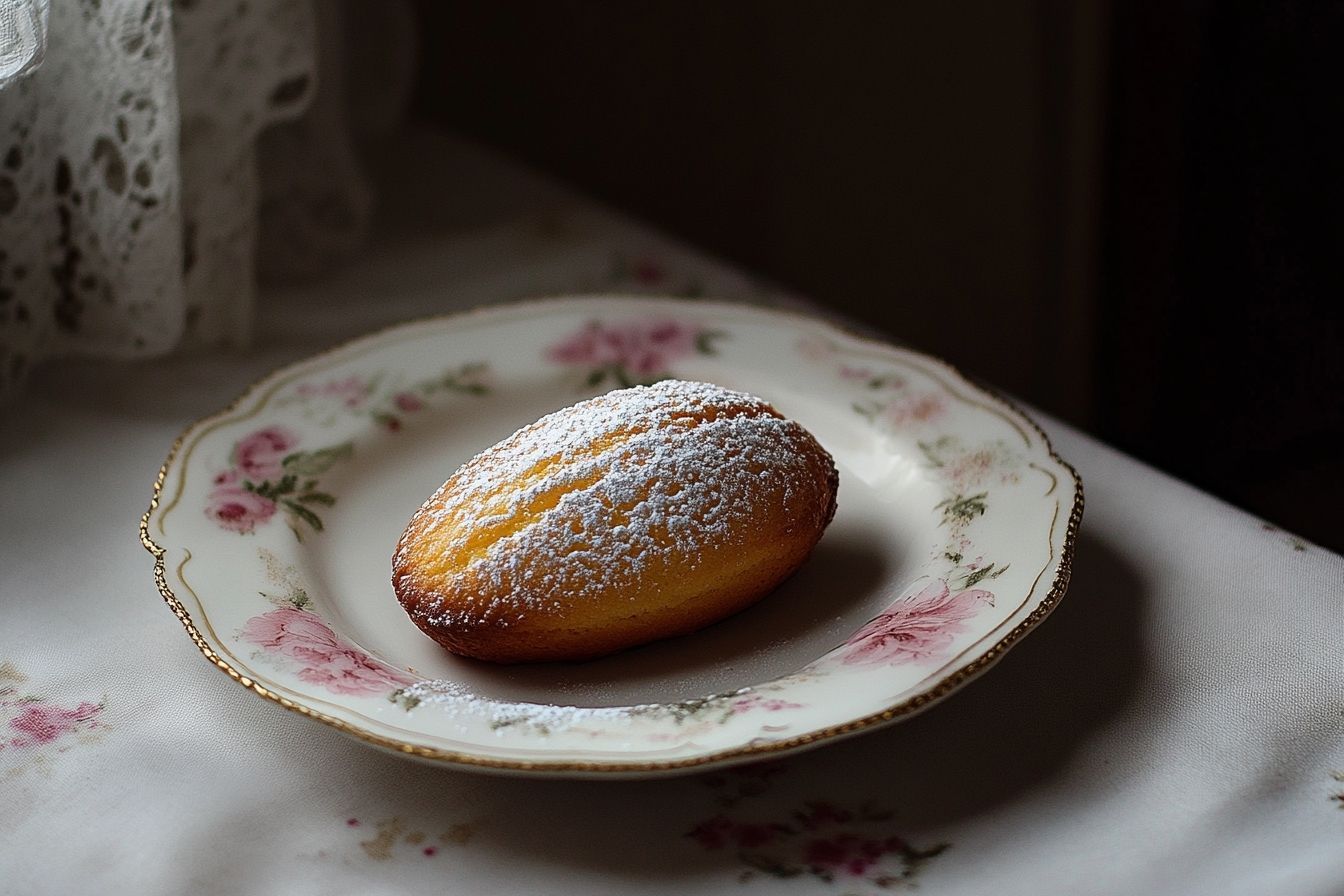 Une madeleine dorée reposant élégamment sur une assiette en porcelaine délicate, saupoudrée de sucre glace.
