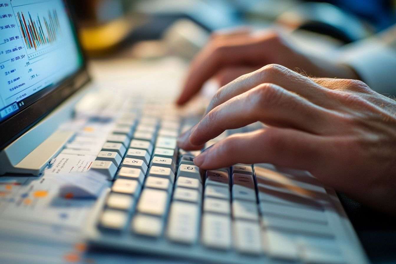Mains tapant rapidement sur un clavier avec un arrière-plan flou de documents financiers et de graphiques.