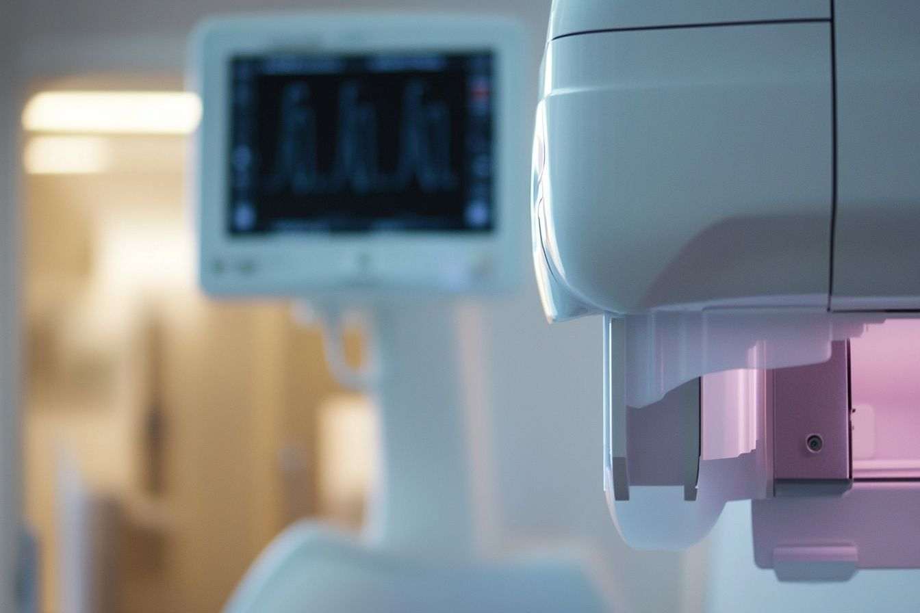 Gros plan d'une machine à mammographie dans une salle d'hôpital avec un éclairage tamisé et des couleurs apaisantes.