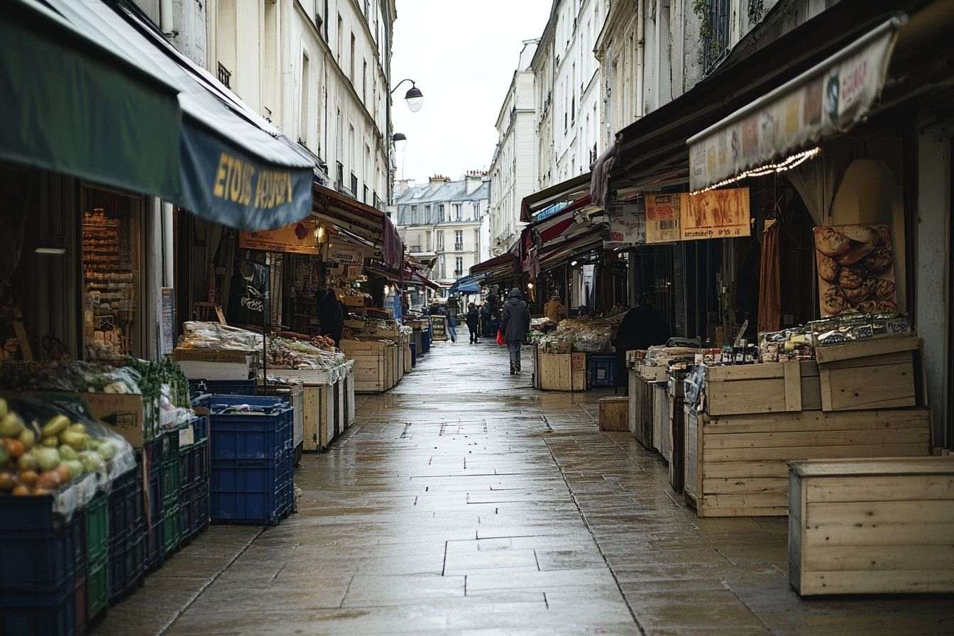 Un marché abandonné en France où les stands sont couverts, évoquant des traces d'une vie antérieure.