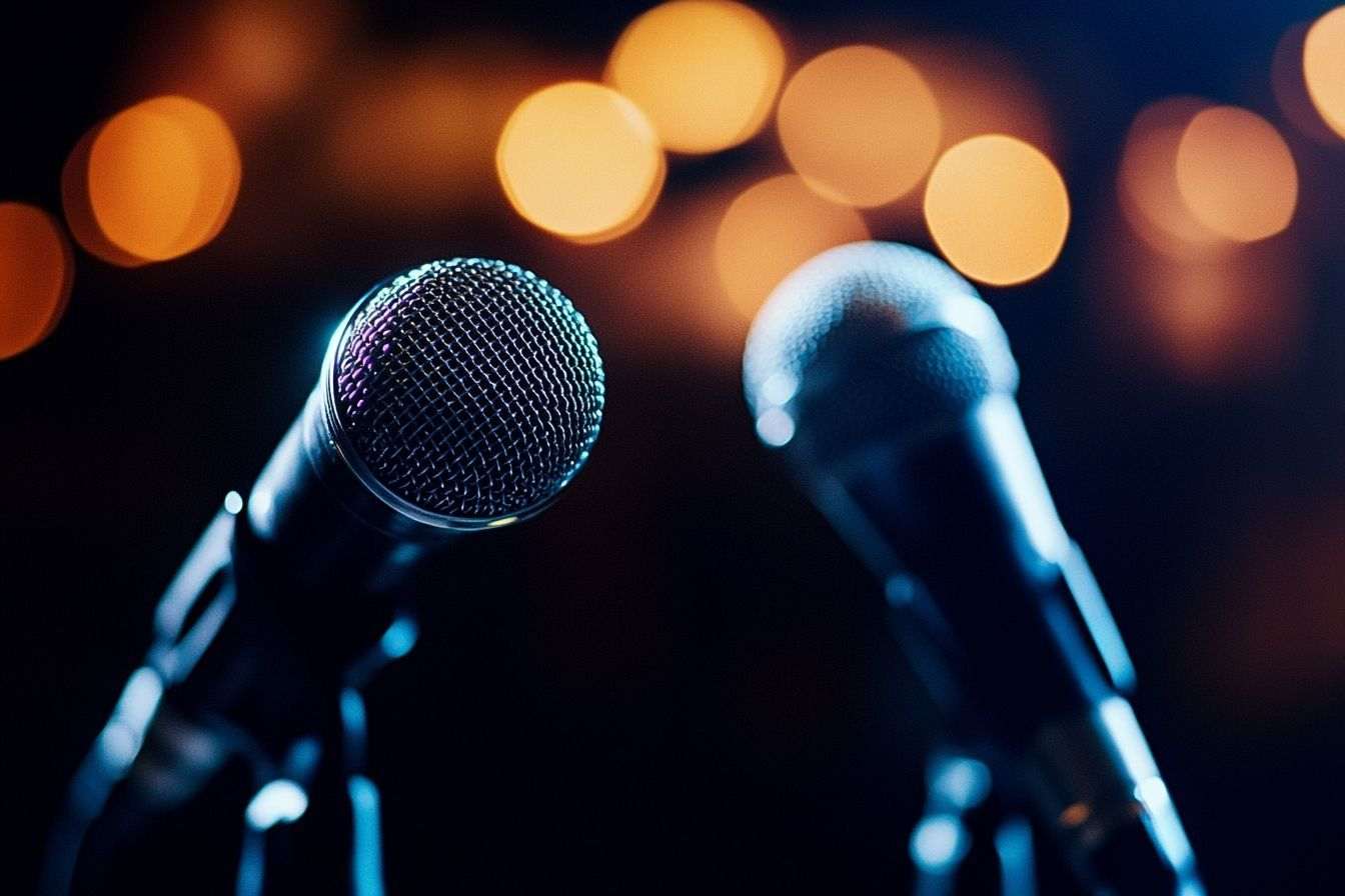 Image d'illustration. Microphones et public flou