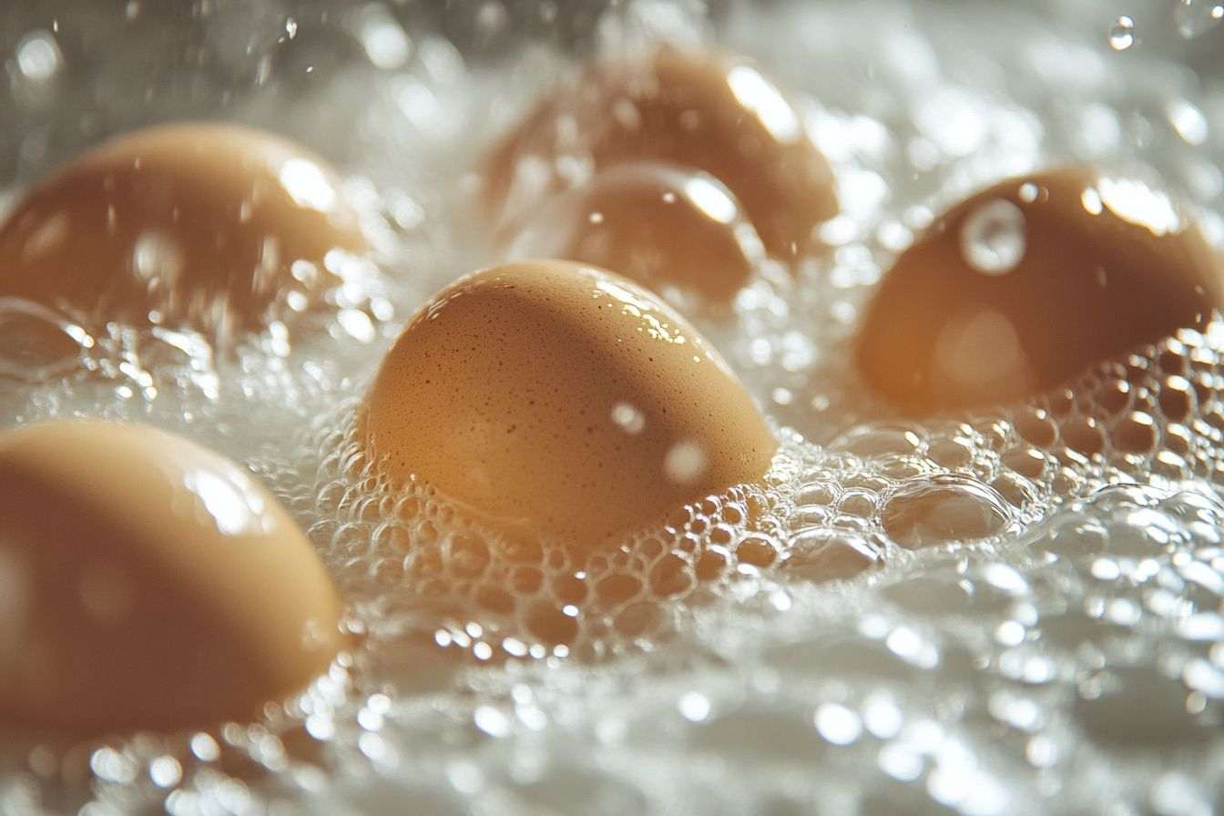 Un gros plan d'œufs flottant délicatement dans l'eau en ébullition avec des bulles entourant leur surface lisse.