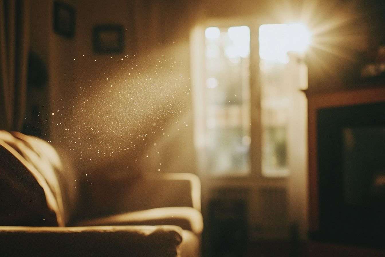 Gros plan sur des particules de poussière flottant dans la lumière du soleil dans un salon confortable.
