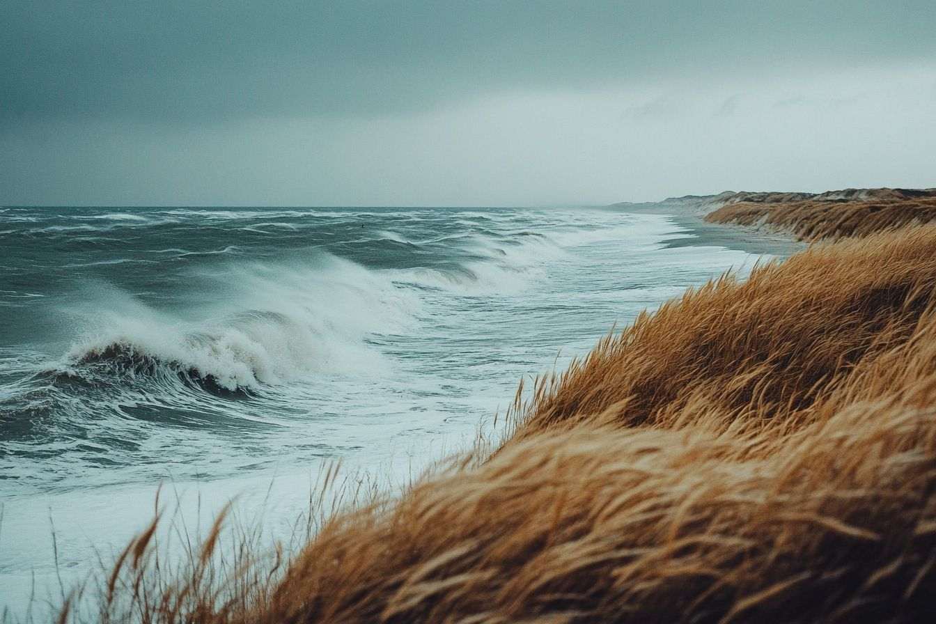 Un paysage marin tranquille avec des vagues apaisantes contrastant avec la menace potentielle d'un horizon sombre au loin.