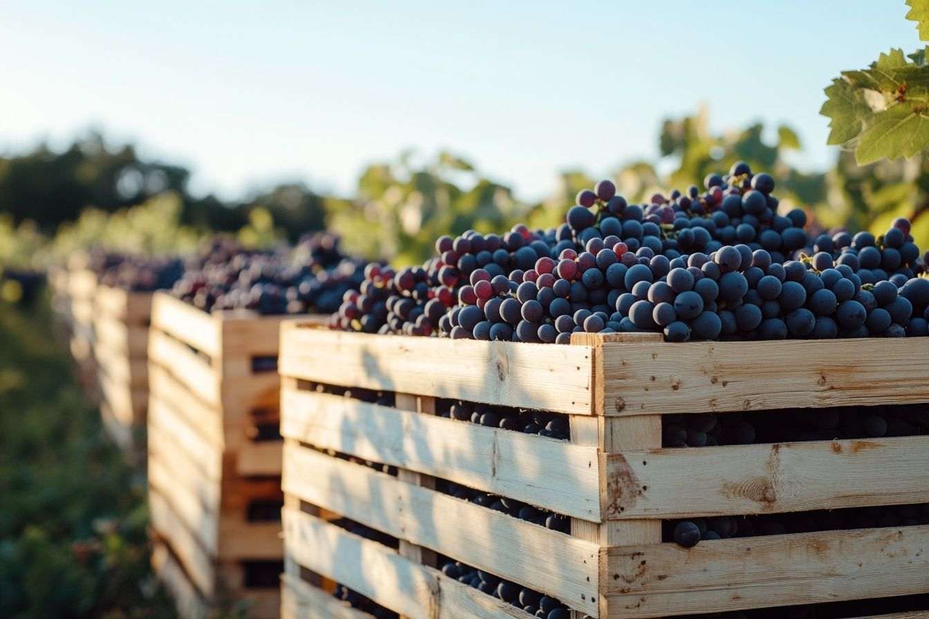 Caisses en bois remplies de raisins fraîchement cueillis, empilées dans un paysage de vignoble pittoresque sous un ciel bleu clair.