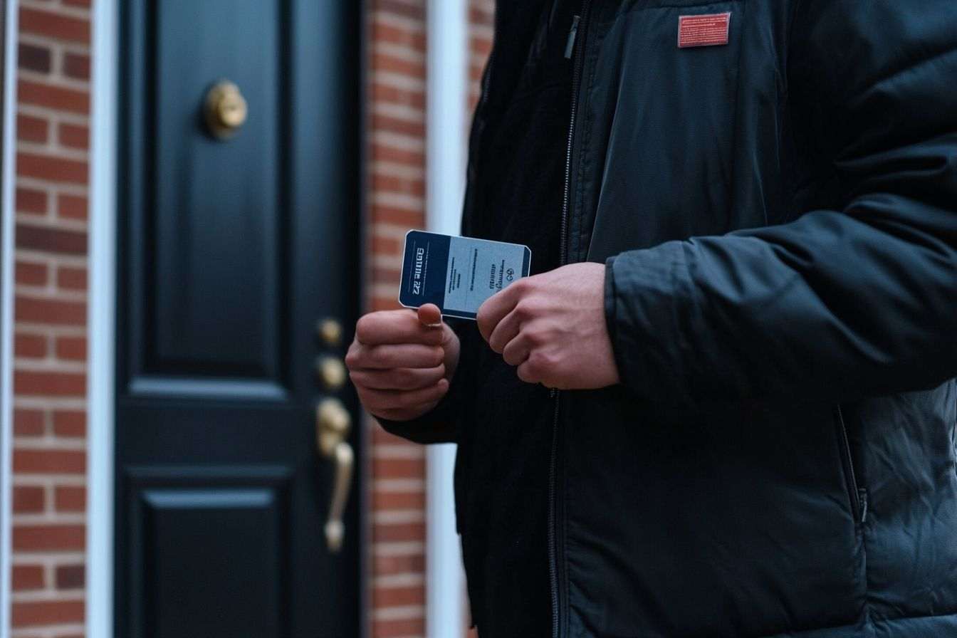 Une personne suspecte tenant un faux badge d'identification près d'une porte résidentielle.