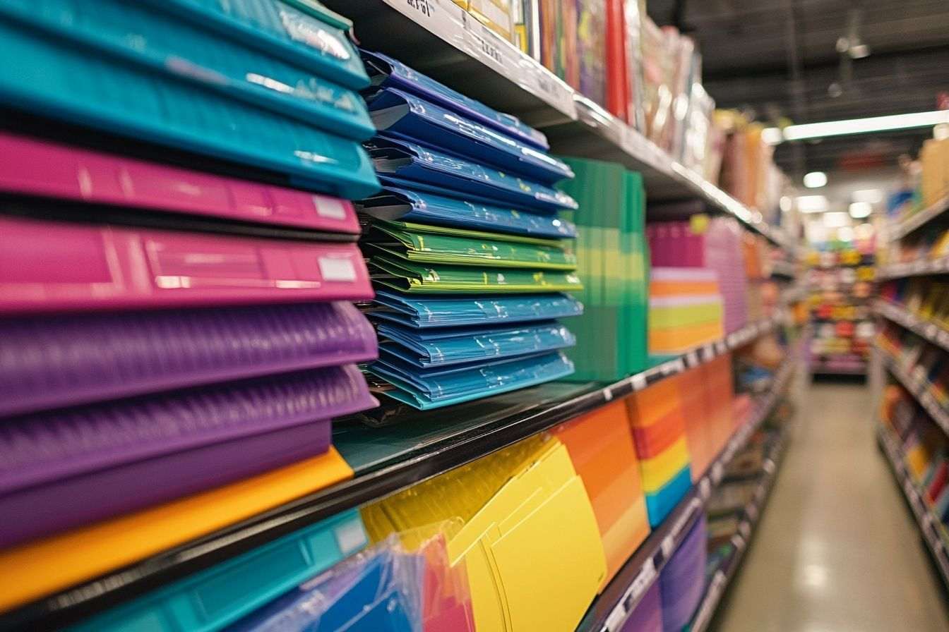 Image d'illustration. Piles de carnets colorés et classeurs pour la rentrée