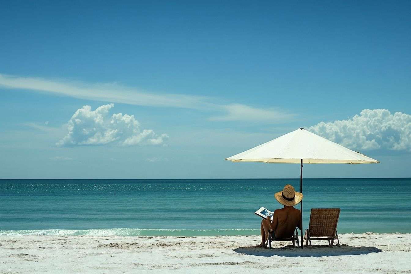 Scène tranquille d'une plage avec une ombrelle offrant de l'ombre à une personne se prélassant en lisant.