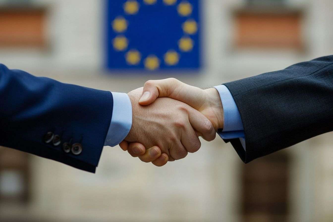 Une collaboration réussie symbolisée par une poignée de main entre des professionnels d'Europe et des États-Unis.