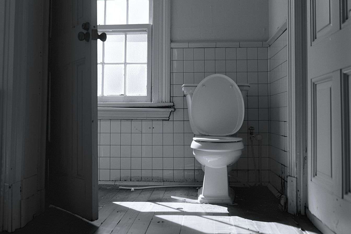 Porte ouverte révélant une lunette de toilette blanche immaculée