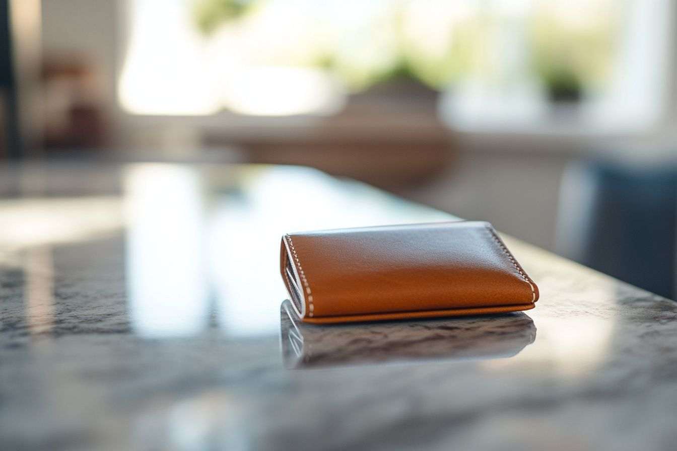 Portefeuille minimaliste reposant sur un comptoir en marbre, reflétant magnifiquement la lumière naturelle.
