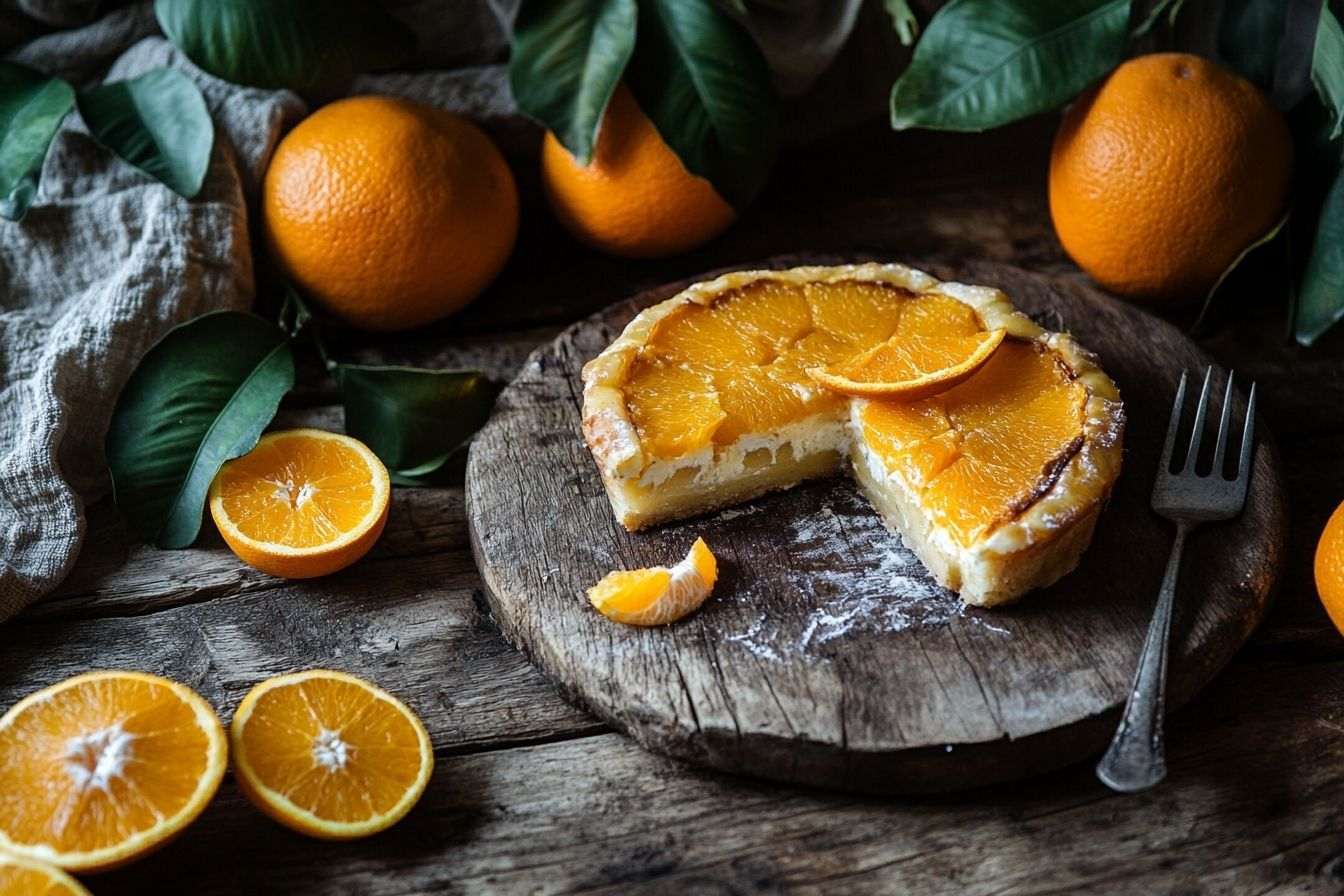Une délicieuse part de Portokalópita présentée sur une table en bois rustique, entourée d'oranges fraîches.