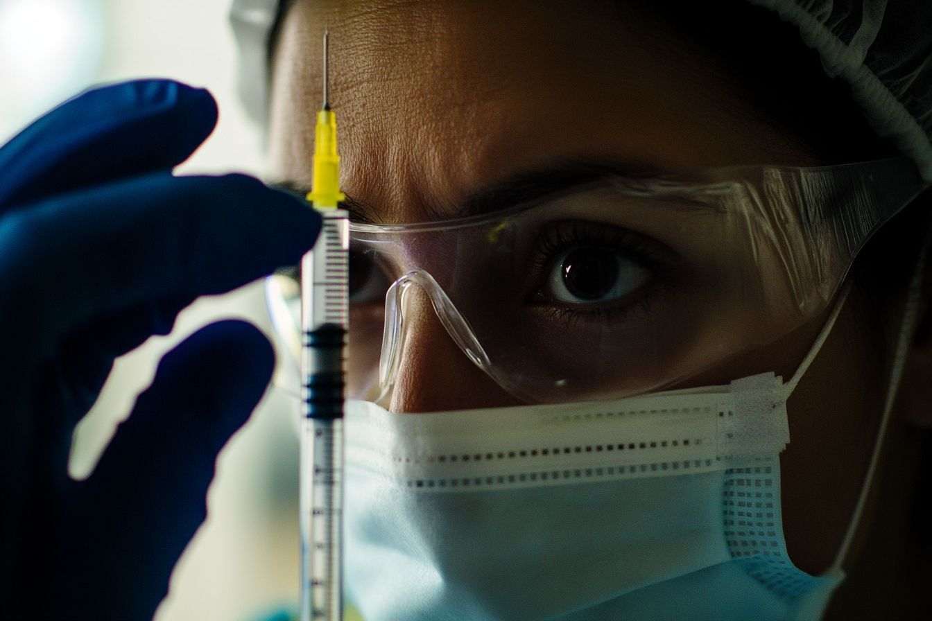Un professionnel de la santé préparant une seringue avec une expression concentrée dans un cadre médical.