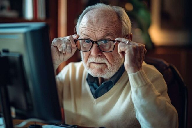 Un retraité assis à un bureau, légèrement confus, ajustant ses lunettes pour lire l'écran.