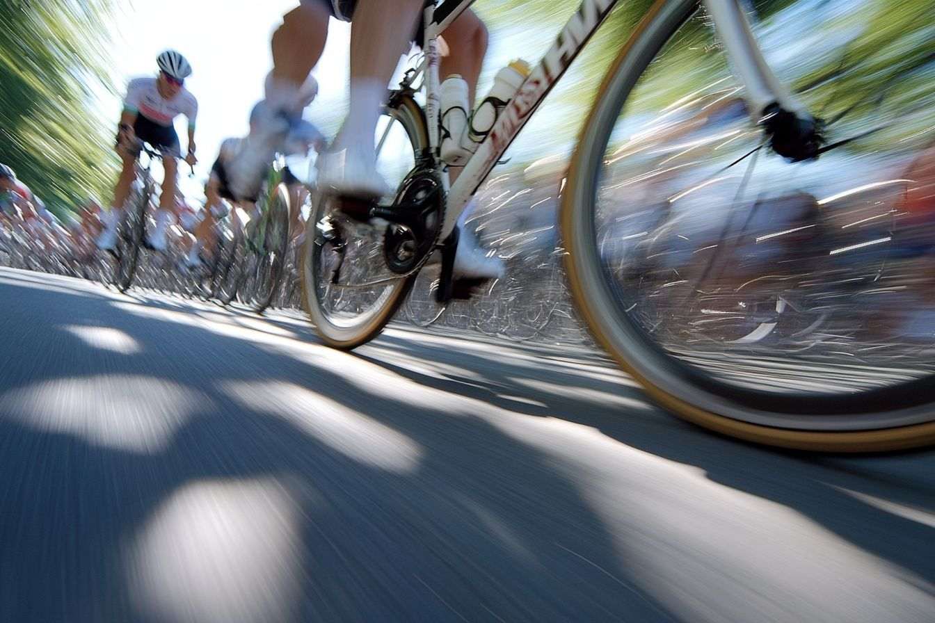 Gros plan des roues de vélo tournant rapidement pendant le Tour de France, capturant le mouvement et l'excitation.