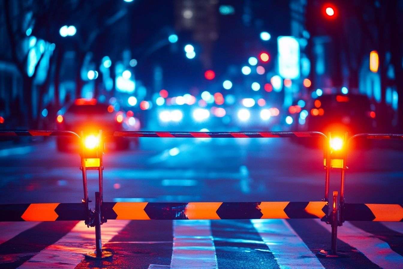 Image d'illustration. Rue paisible avec barrières de police et lumières clignotantes