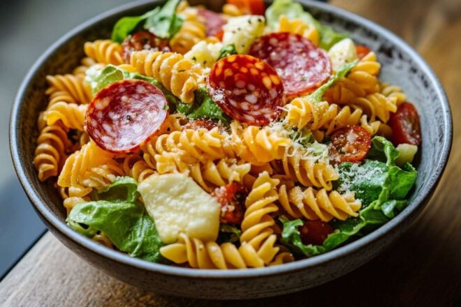 Une délicieuse salade de pâtes colorée accompagnée de tranches de salami et de provolone, garnie de laitue iceberg croquante.