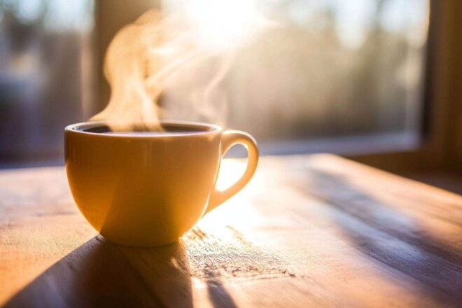 Tasse de café chaude avec rayons de soleil