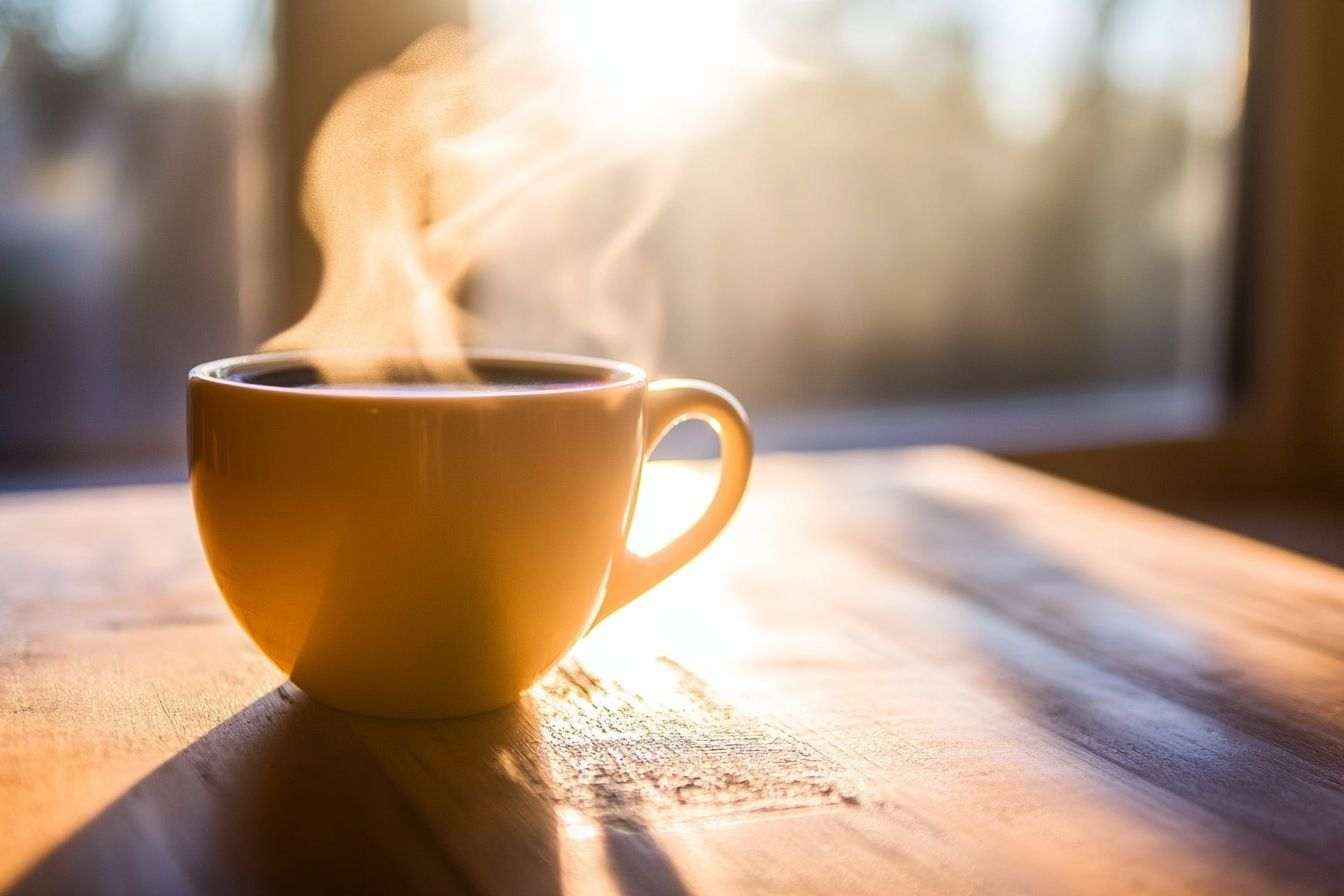 Tasse de café chaude avec rayons de soleil