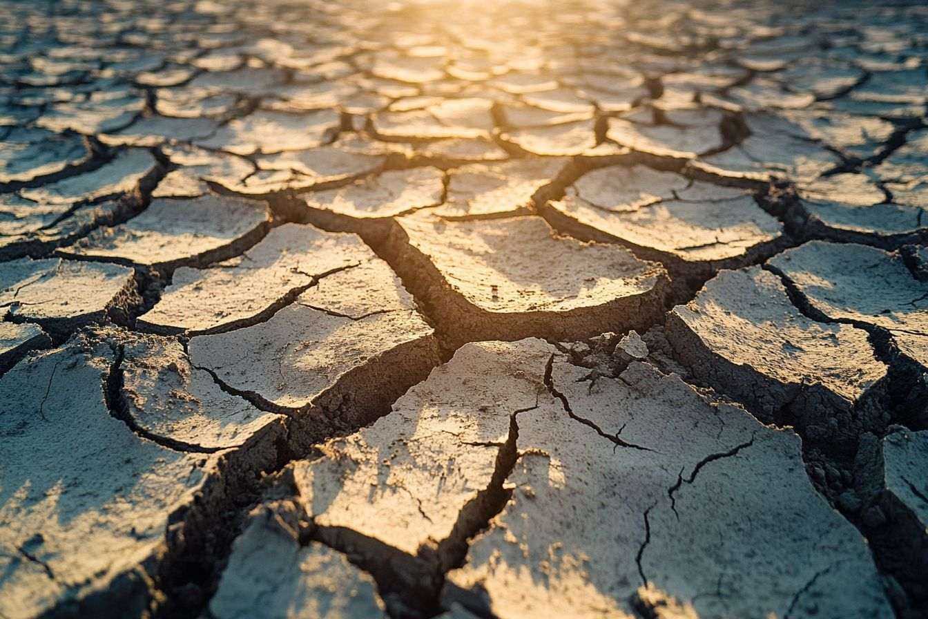 Sol desséché avec des fissures profondes s'étendant sous un soleil éclatant.